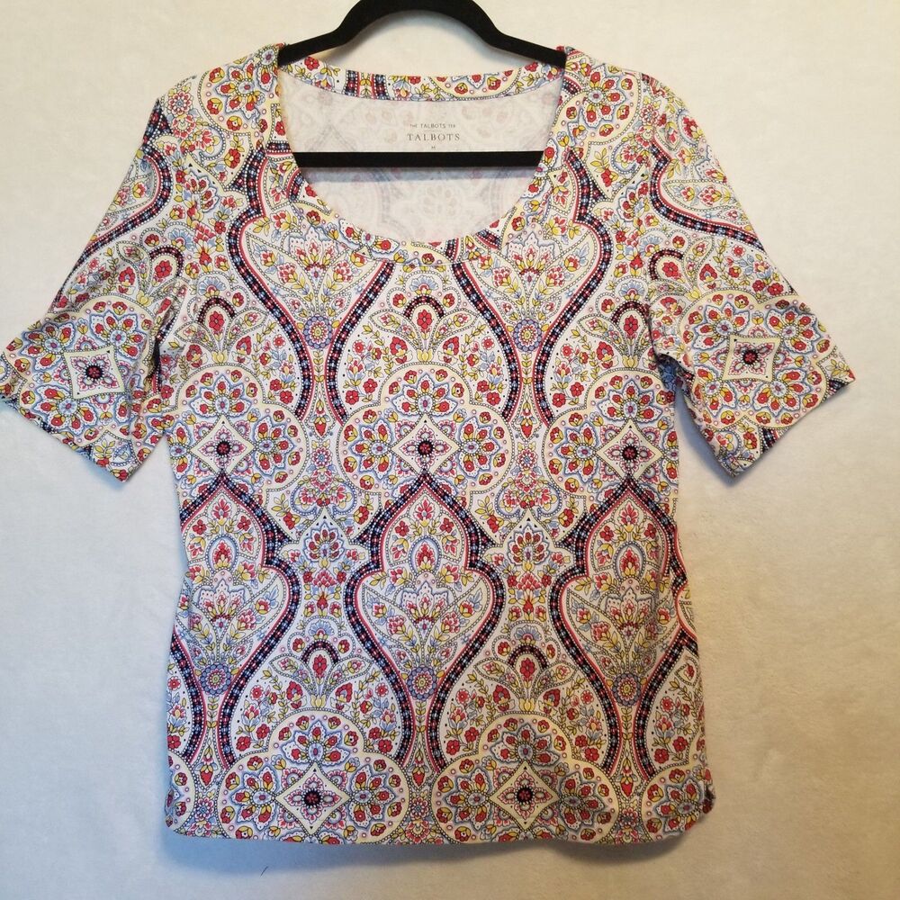Talbots Shirt M Top Paisley Print The Talbots Tee Scoop Neck Cotton Stretch